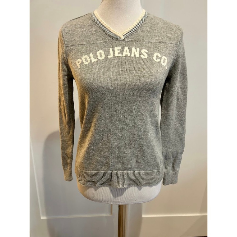 Vintage‎ Polo Jeans Co. Gray V Neck Sweater Long Sleeve Pullover Size Medium